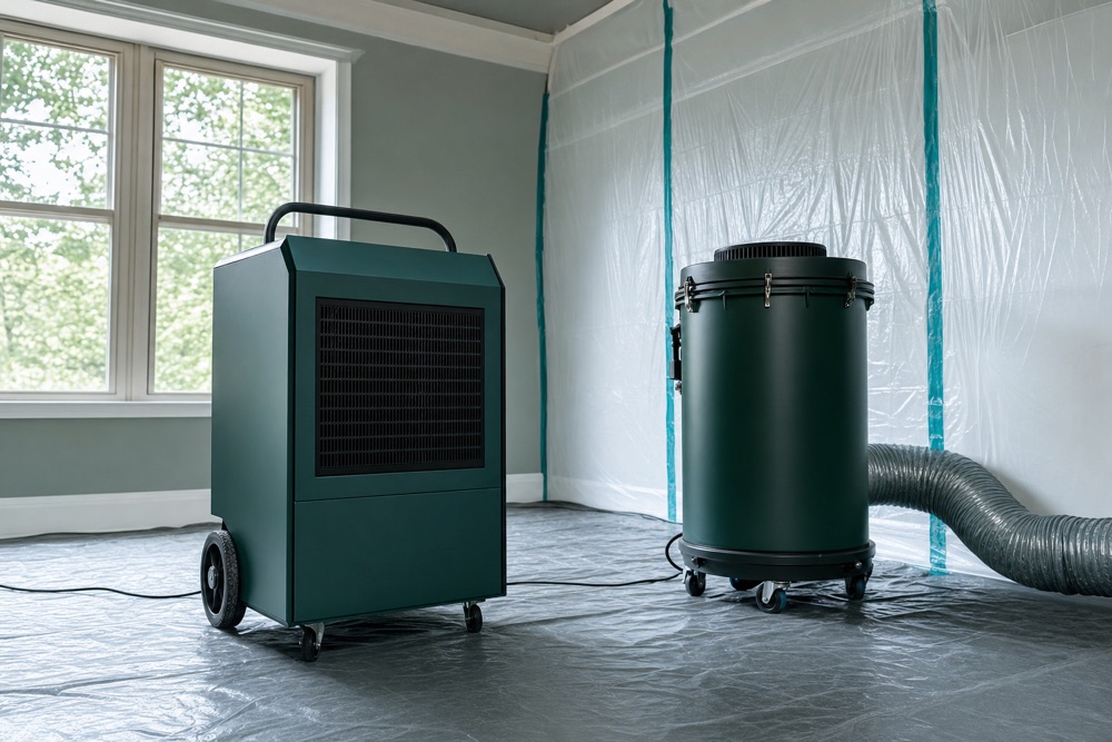 Commercial dehumidifier and HEPA air scrubber running in a contained room during mold remediation
